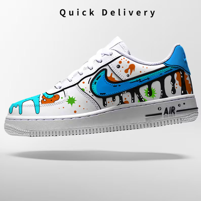 Custom Af1 Shoes – Black Drip Design,Custom Air Force 1 Gift,Hand Painted Air Force 1s,Unique Cartoon Shoe Gift,Hand-Painted Leather