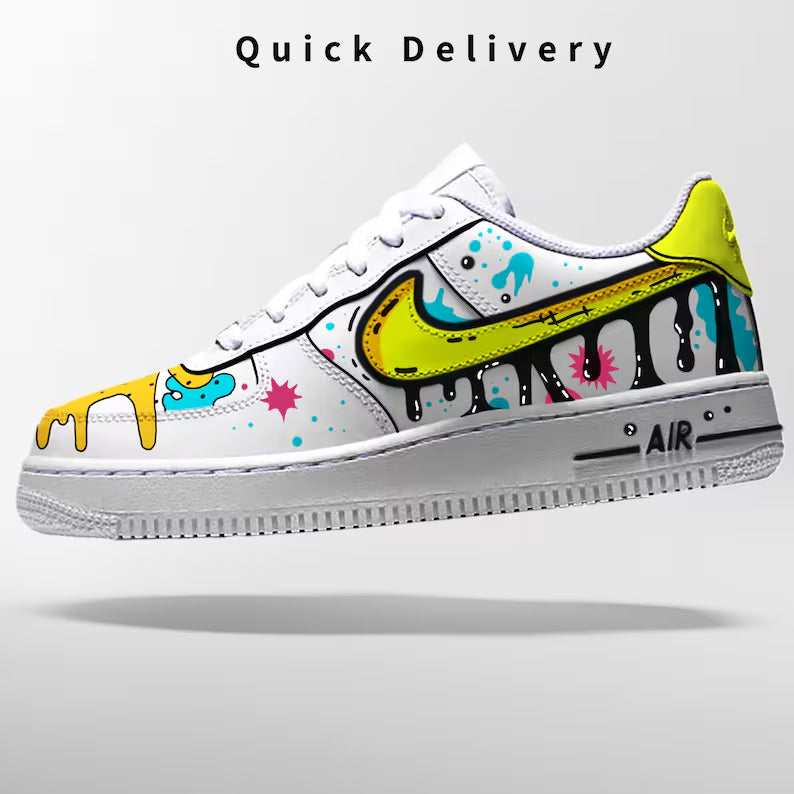 Custom Af1 Shoes – Black Drip Design,Custom Air Force 1 Gift,Hand Painted Air Force 1s,Unique Cartoon Shoe Gift,Hand-Painted Leather