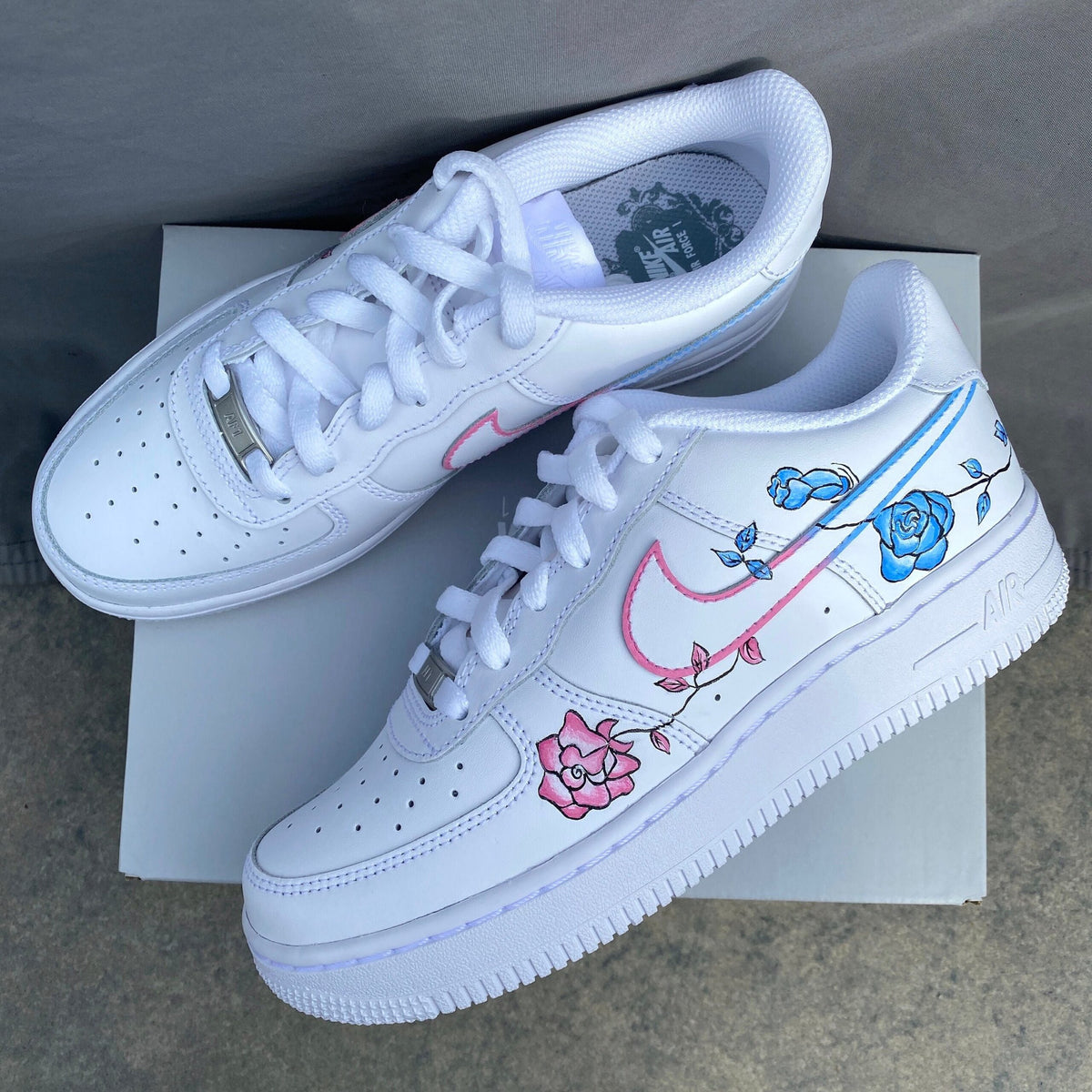 Air force 1, Nike Custom Sneakers, Pink Blue Roses, Bride Shoes, Wedding Anniversary Gift, Women’s, Girls, Floral, Flowers, Porcelain