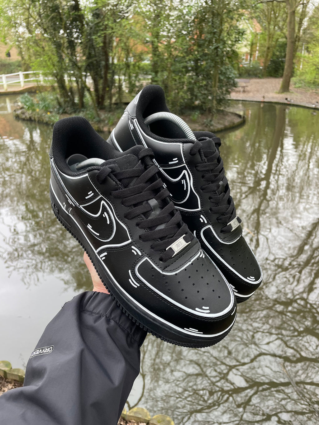 AF1 Custom Black Cartoon Outline Custom Low‑Top Sneakers, Comic Line Art Hand Painted Casual Shoes for Men Women