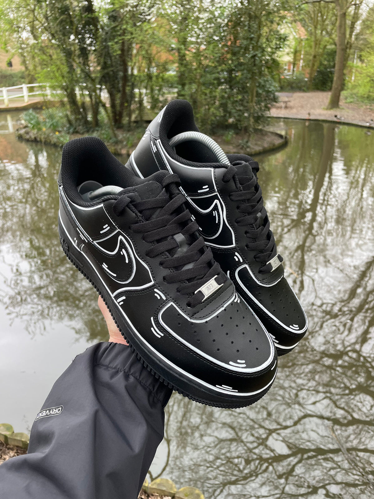 AF1 Custom Black Cartoon Outline Custom Low‑Top Sneakers, Comic Line Art Hand Painted Casual Shoes for Men Women