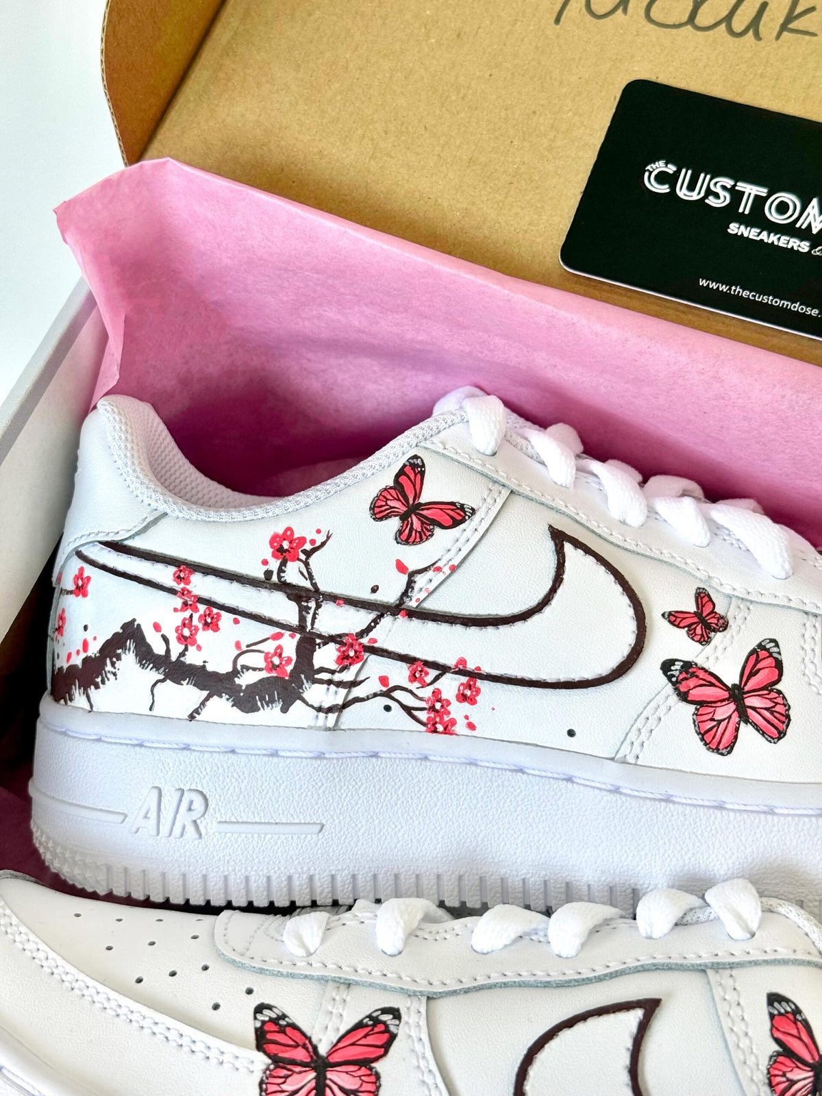 Cherry Blossom Air Force 1: Hand-Painted Flowers and Butterflies Sneakers