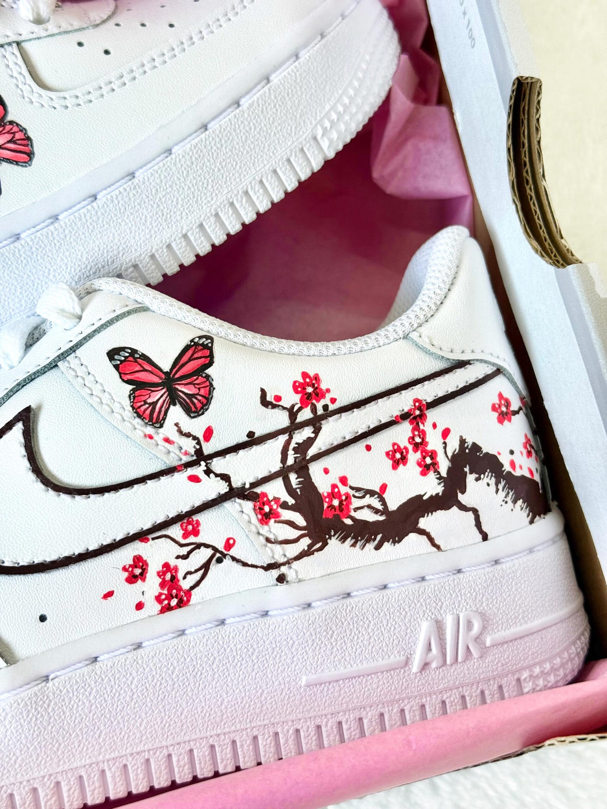 Cherry Blossom Air Force 1: Hand-Painted Flowers and Butterflies Sneakers