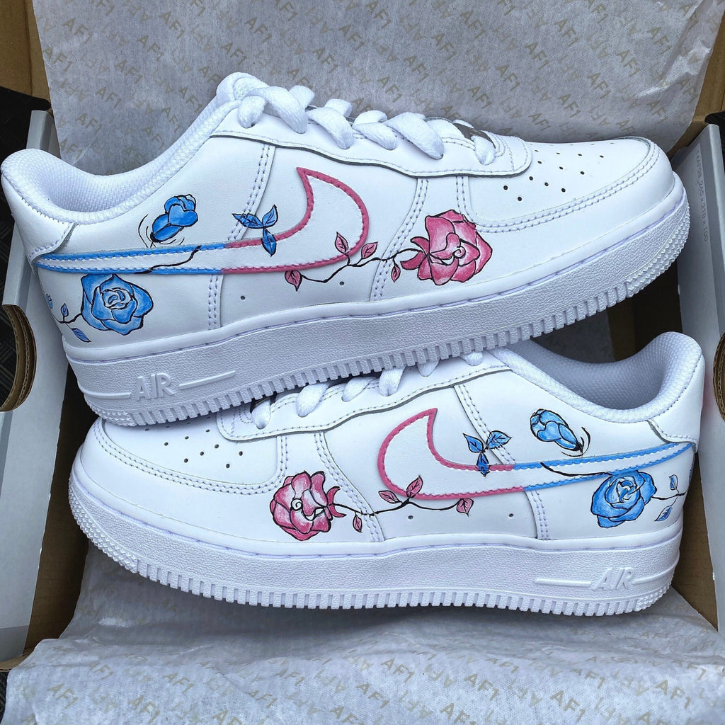 Air force 1, Nike Custom Sneakers, Pink Blue Roses, Bride Shoes, Wedding Anniversary Gift, Women’s, Girls, Floral, Flowers, Porcelain
