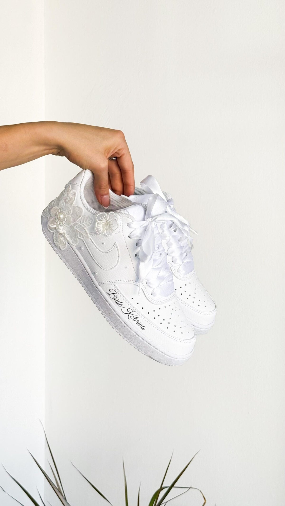 Custom Bridal Nike Court Sneakers – Pearl, Rhinestone & Flowers Wedding Shoes