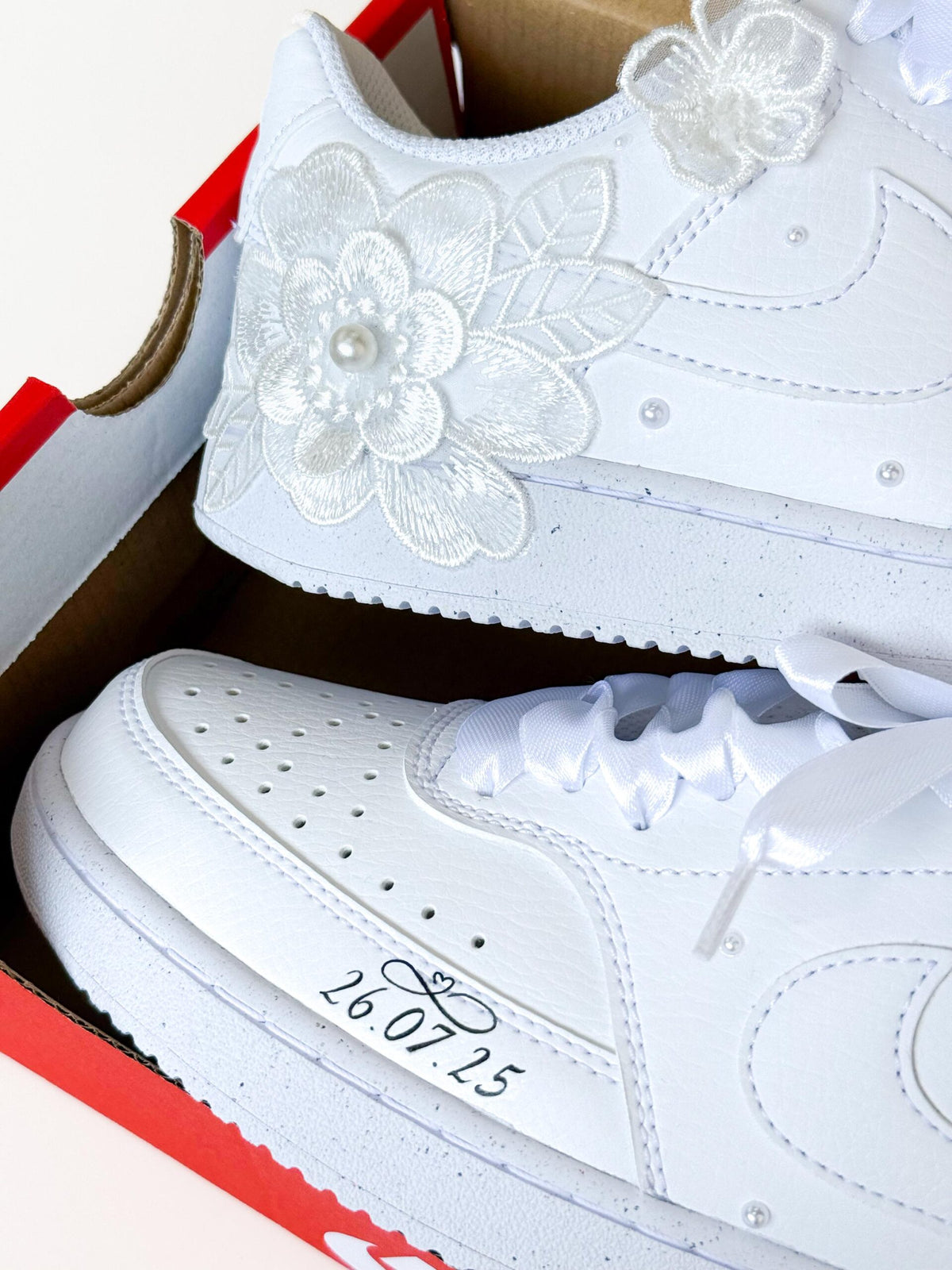 Custom Bridal Nike Court Sneakers – Pearl, Rhinestone & Flowers Wedding Shoes