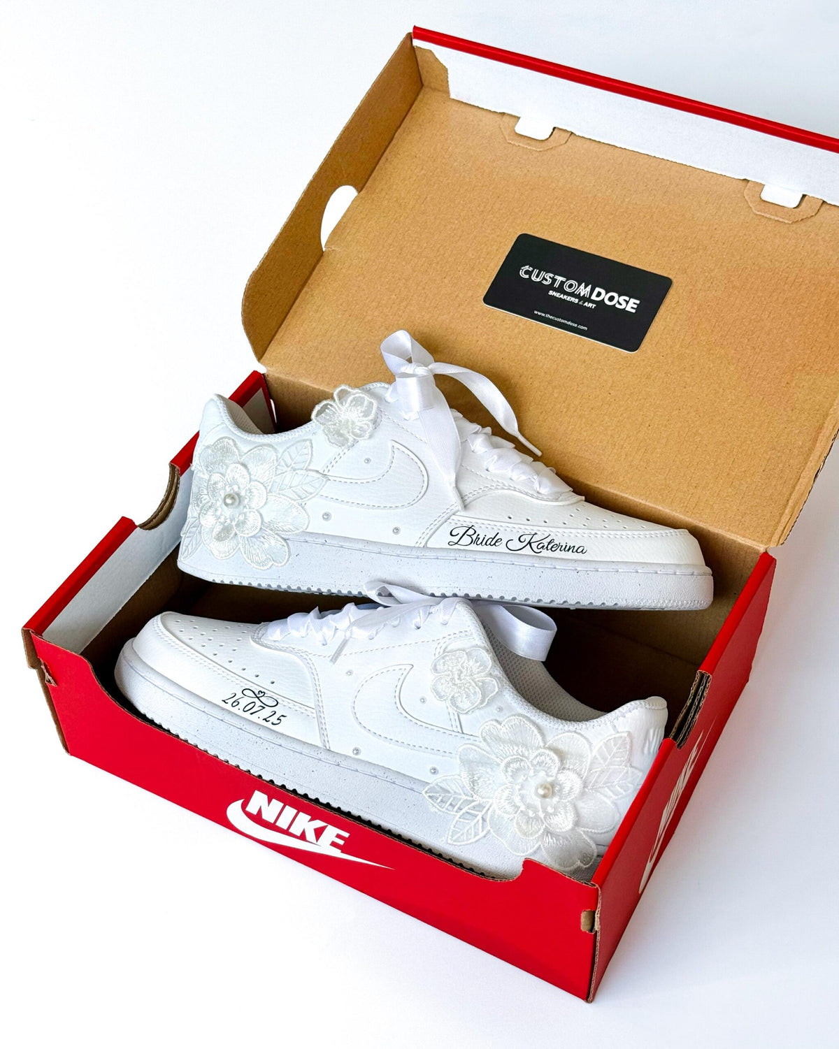 Custom Bridal Nike Court Sneakers – Pearl, Rhinestone & Flowers Wedding Shoes