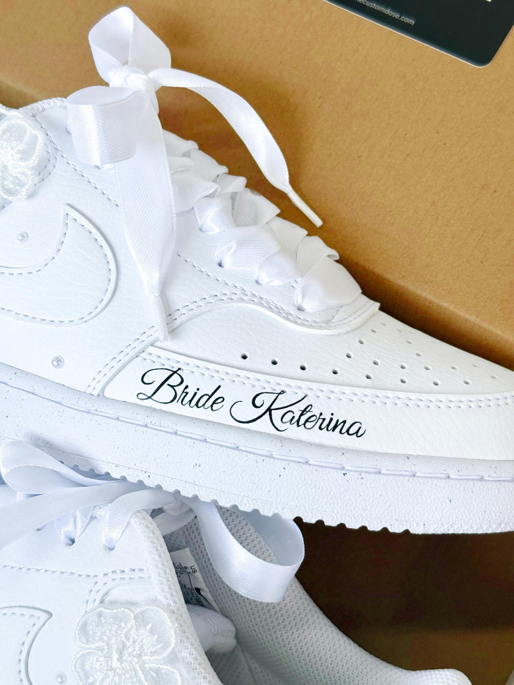Custom Bridal Nike Court Sneakers – Pearl, Rhinestone & Flowers Wedding Shoes