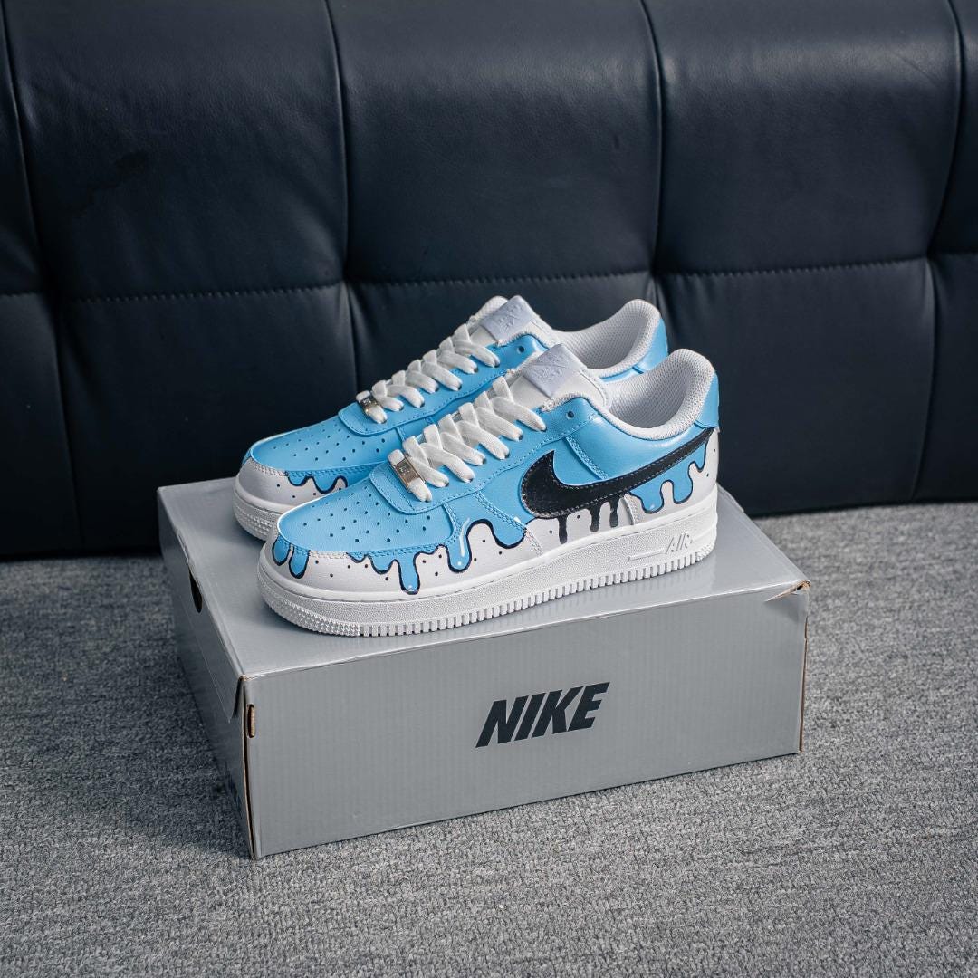 Custom AF1 Sneakers, Blue Drip, Street Graffiti Art