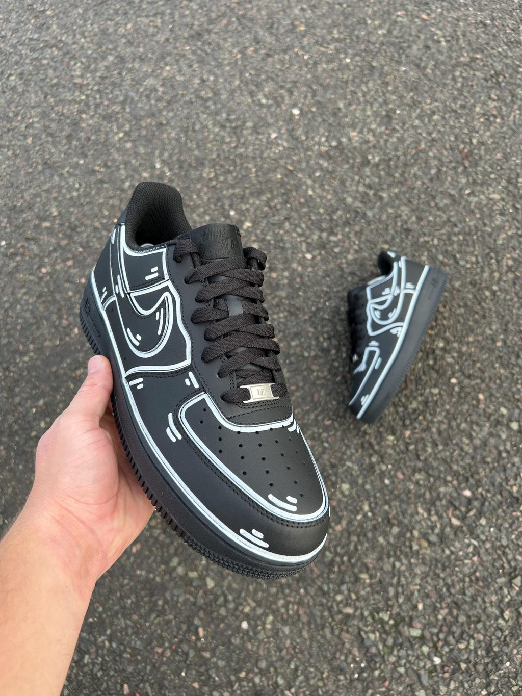 AF1 Custom Black Cartoon Outline Custom Low‑Top Sneakers, Comic Line Art Hand Painted Casual Shoes for Men Women