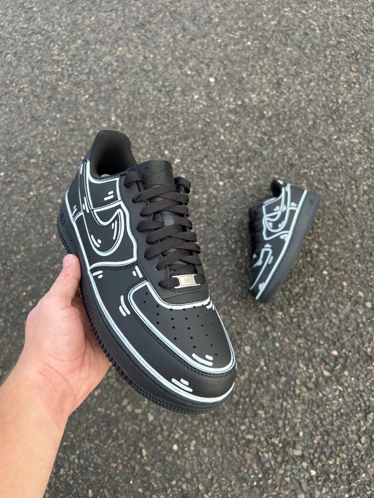 AF1 Custom Black Cartoon Outline Custom Low‑Top Sneakers, Comic Line Art Hand Painted Casual Shoes for Men Women