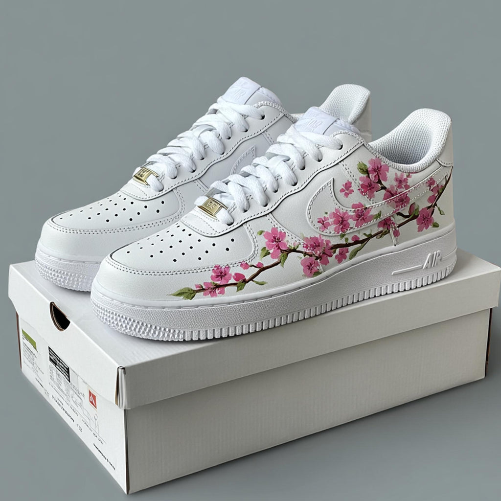 Cherry Blossoms Sneakers, Hand-Painted Floral Sakura Art Shoes, Personalized AF1 Birthday Anniversary Gifts for Her