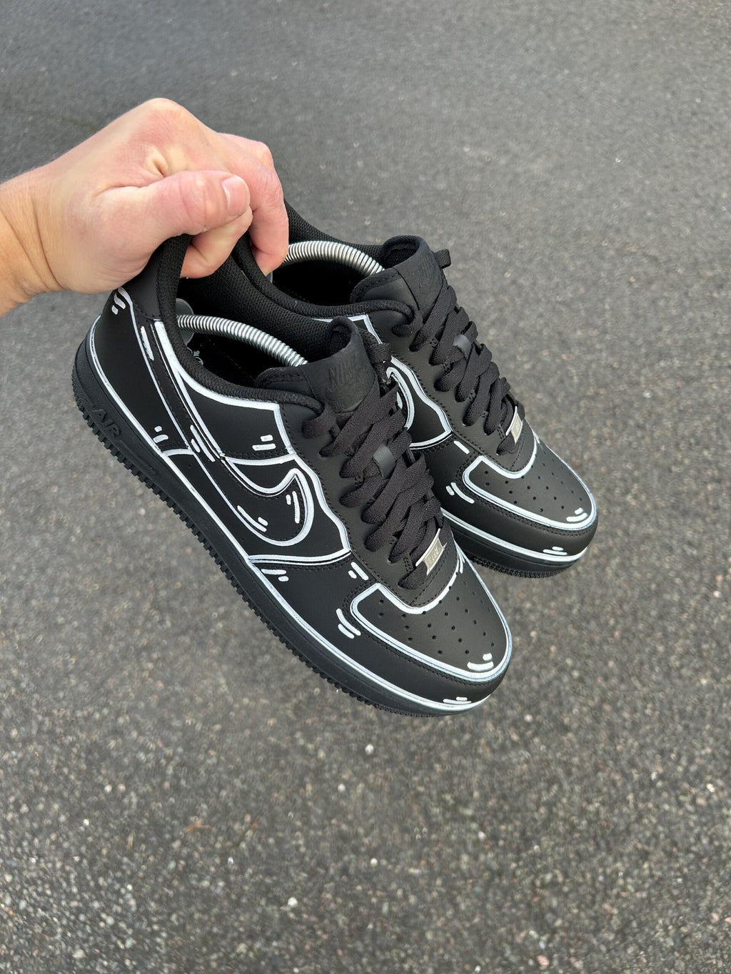 AF1 Custom Black Cartoon Outline Custom Low‑Top Sneakers, Comic Line Art Hand Painted Casual Shoes for Men Women