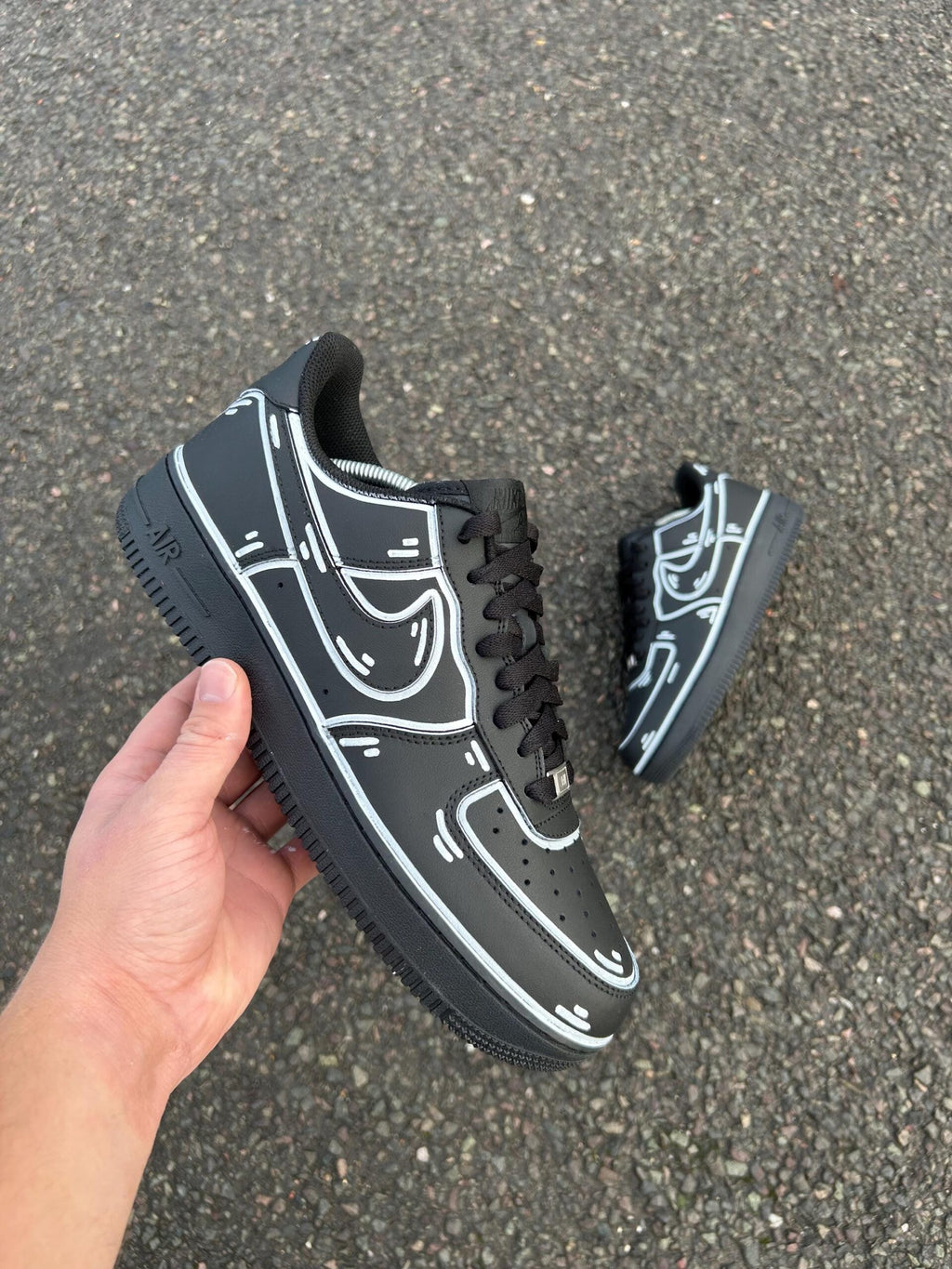 AF1 Custom Black Cartoon Outline Custom Low‑Top Sneakers, Comic Line Art Hand Painted Casual Shoes for Men Women