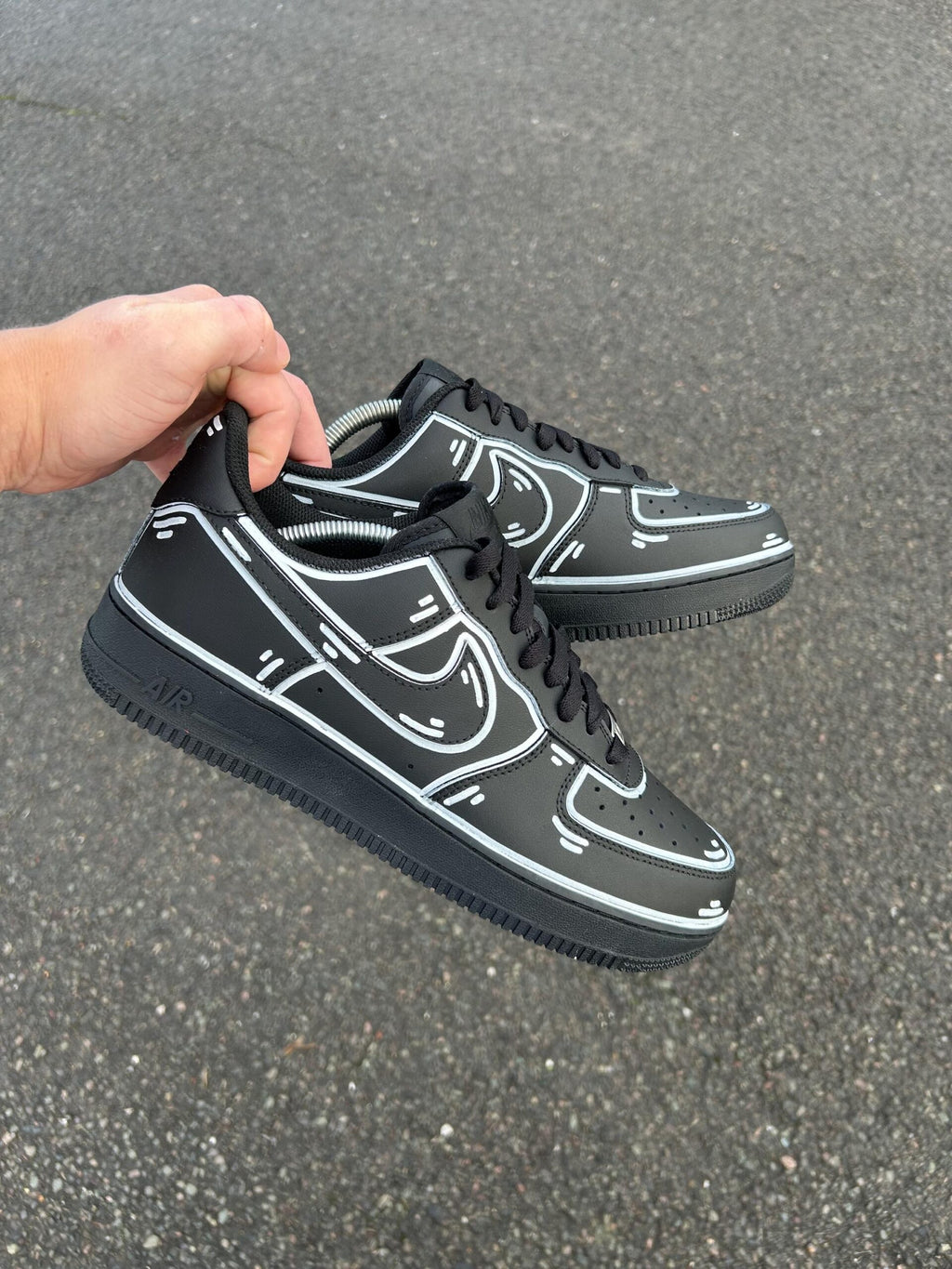AF1 Custom Black Cartoon Outline Custom Low‑Top Sneakers, Comic Line Art Hand Painted Casual Shoes for Men Women