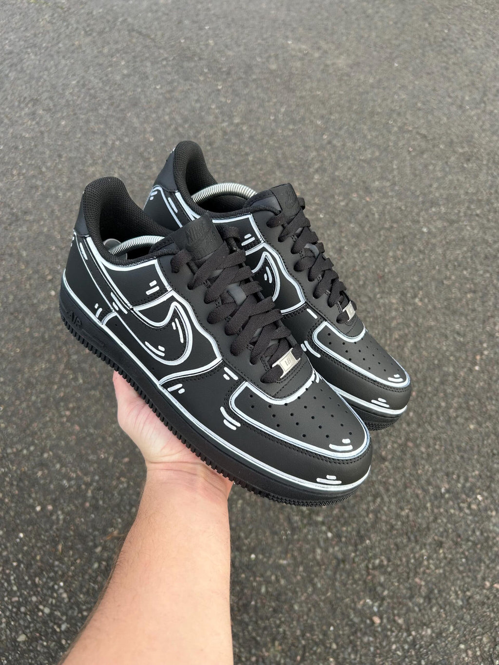 AF1 Custom Black Cartoon Outline Custom Low‑Top Sneakers, Comic Line Art Hand Painted Casual Shoes for Men Women
