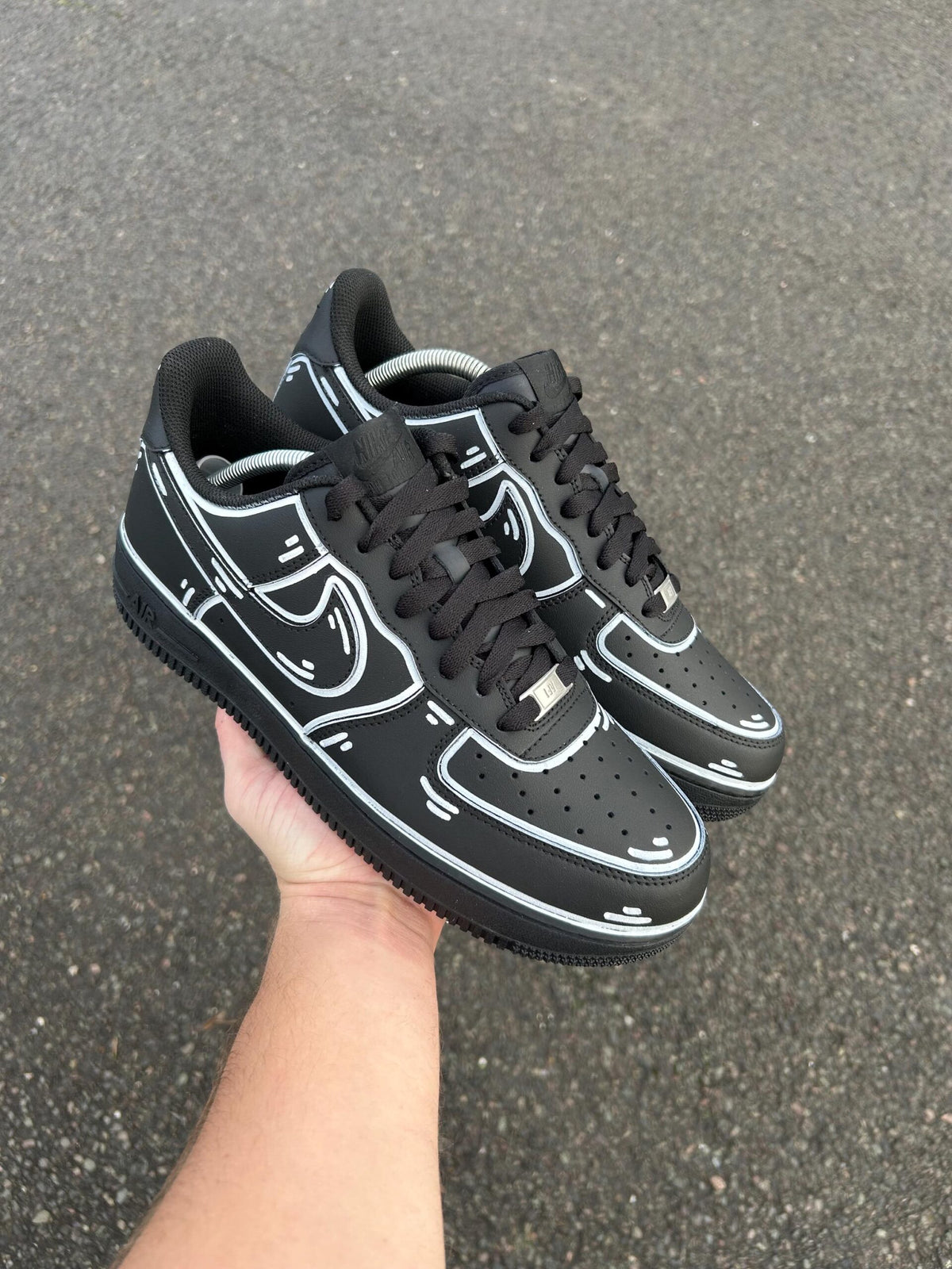 AF1 Custom Black Cartoon Outline Custom Low‑Top Sneakers, Comic Line Art Hand Painted Casual Shoes for Men Women