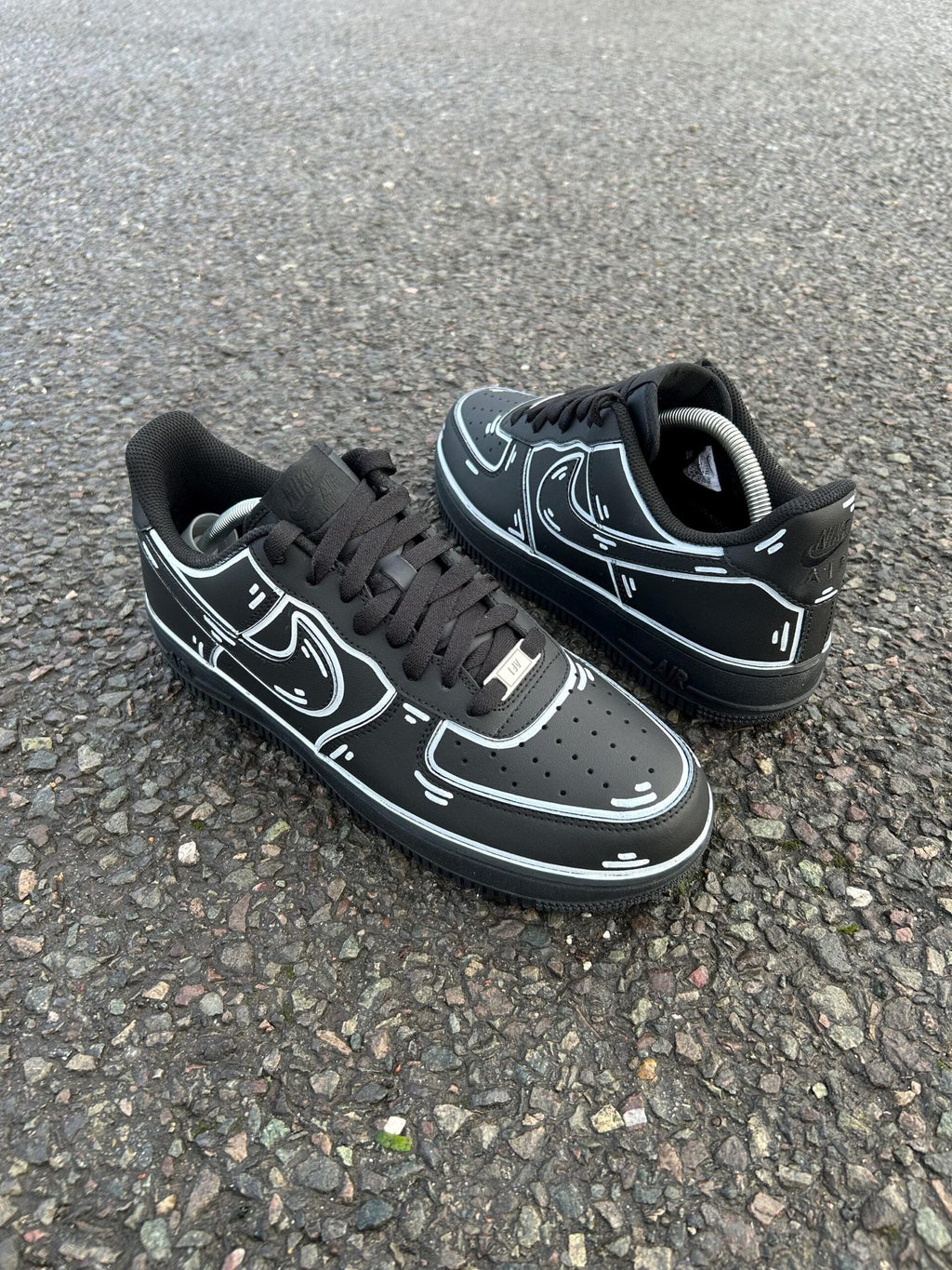 AF1 Custom Black Cartoon Outline Custom Low‑Top Sneakers, Comic Line Art Hand Painted Casual Shoes for Men Women