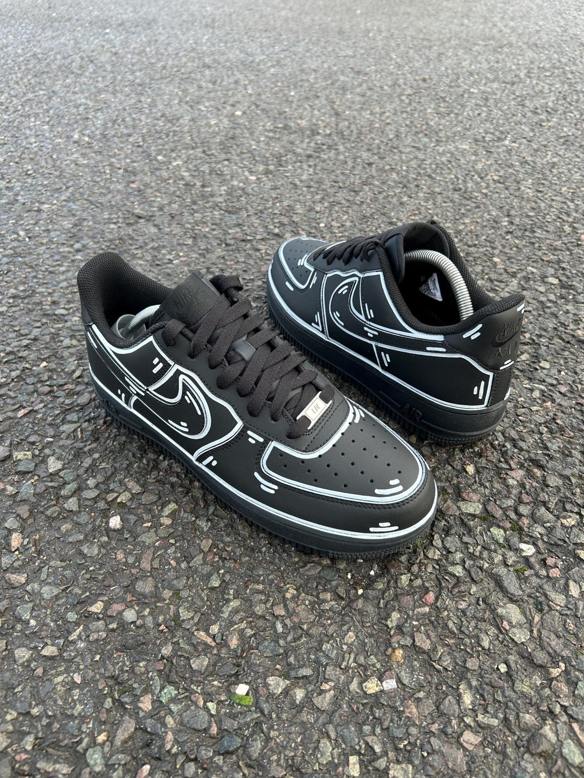 AF1 Custom Black Cartoon Outline Custom Low‑Top Sneakers, Comic Line Art Hand Painted Casual Shoes for Men Women