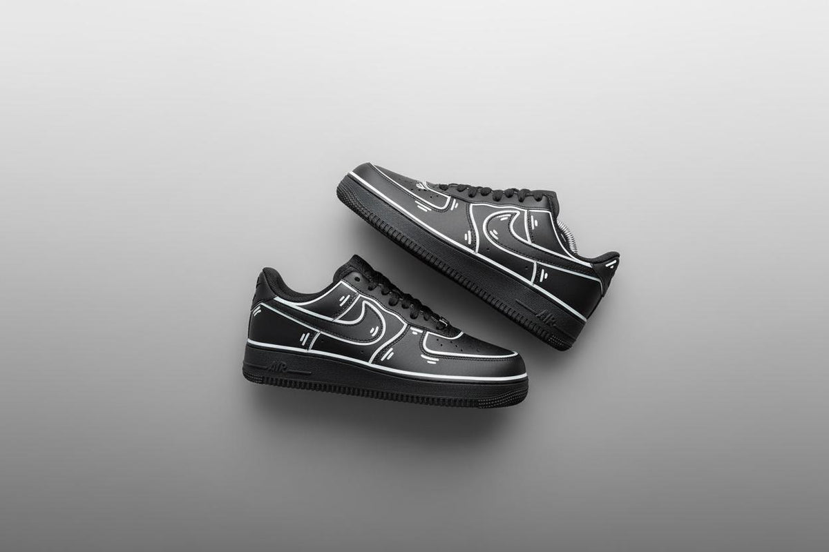 AF1 Custom Black Cartoon Outline Custom Low‑Top Sneakers, Comic Line Art Hand Painted Casual Shoes for Men Women