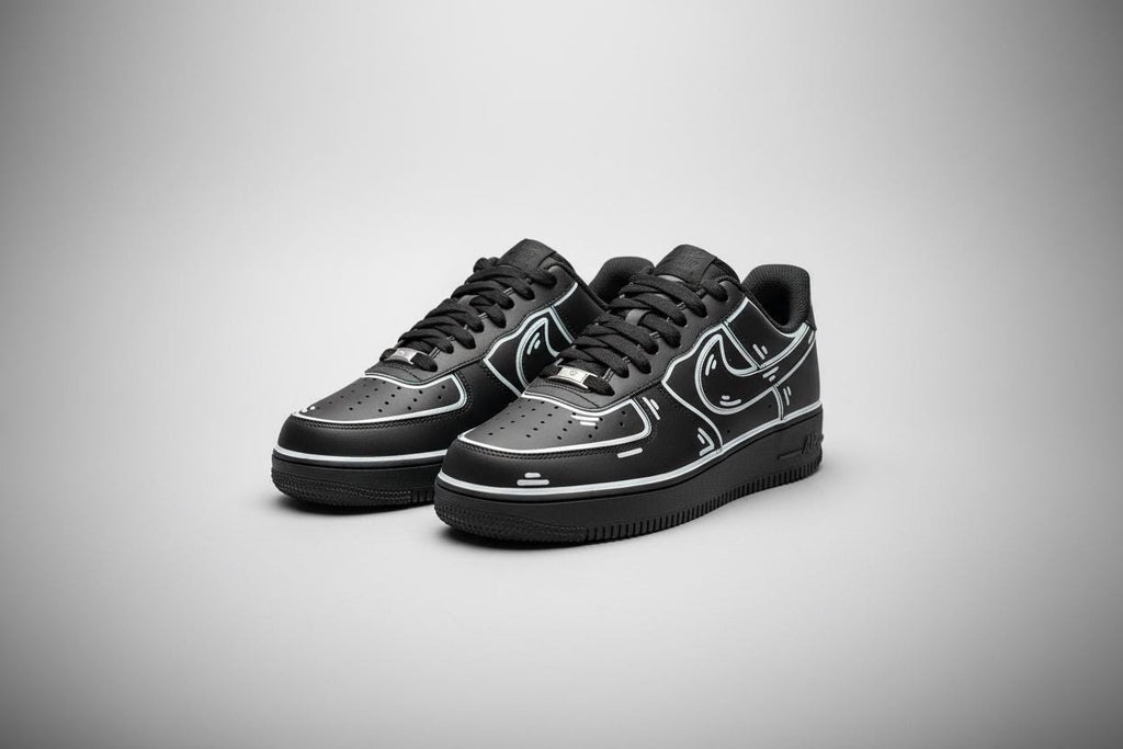 AF1 Custom Black Cartoon Outline Custom Low‑Top Sneakers, Comic Line Art Hand Painted Casual Shoes for Men Women