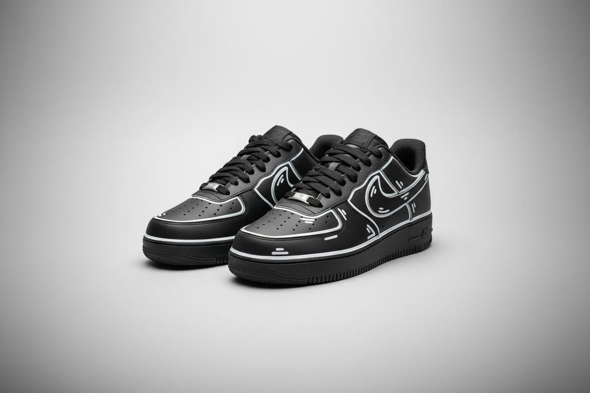 AF1 Custom Black Cartoon Outline Custom Low‑Top Sneakers, Comic Line Art Hand Painted Casual Shoes for Men Women