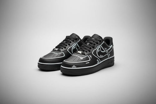 AF1 Custom Black Cartoon Outline Custom Low‑Top Sneakers, Comic Line Art Hand Painted Casual Shoes for Men Women