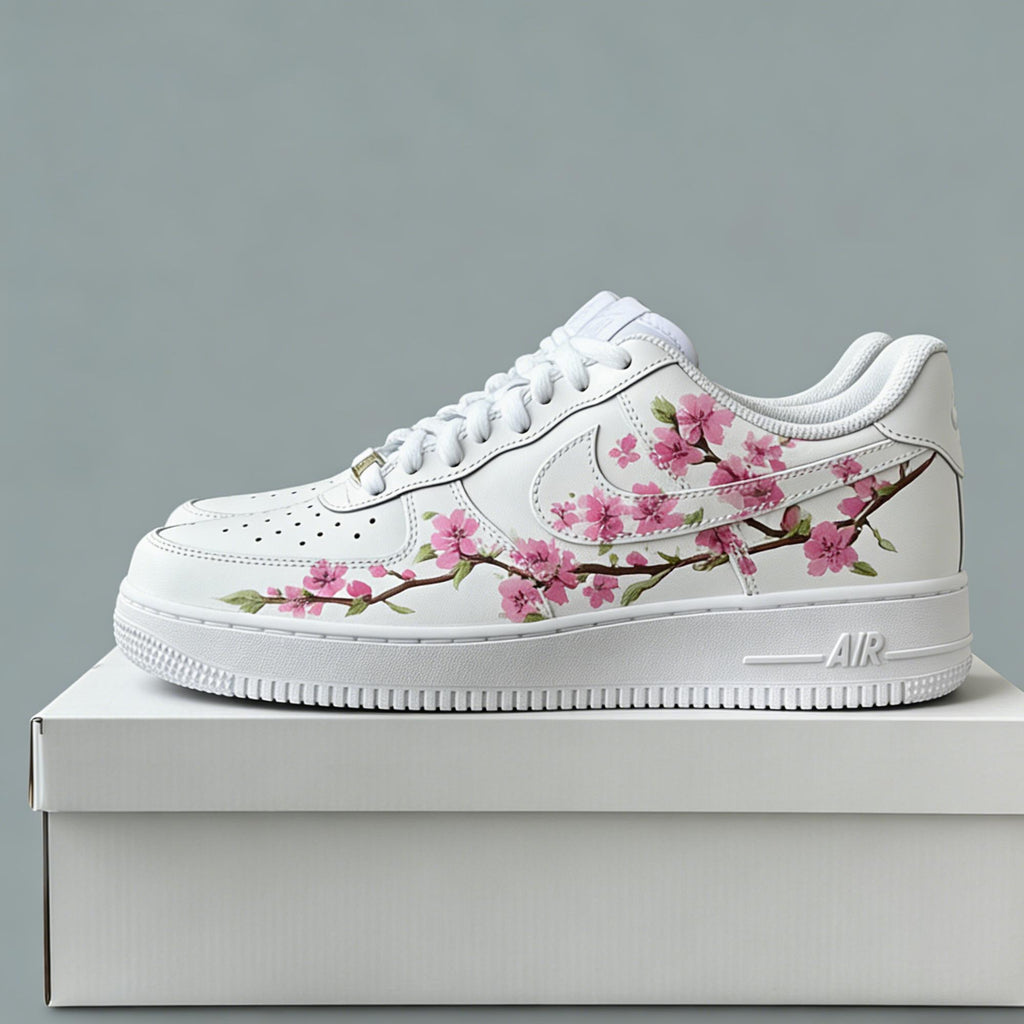 Cherry Blossoms Sneakers, Hand-Painted Floral Sakura Art Shoes, Personalized AF1 Birthday Anniversary Gifts for Her
