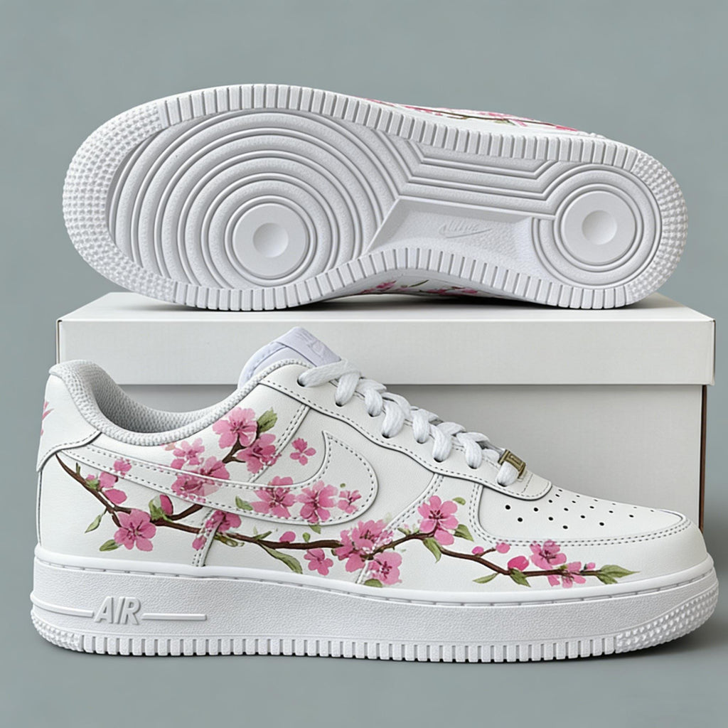 Cherry Blossoms Sneakers, Hand-Painted Floral Sakura Art Shoes, Personalized AF1 Birthday Anniversary Gifts for Her