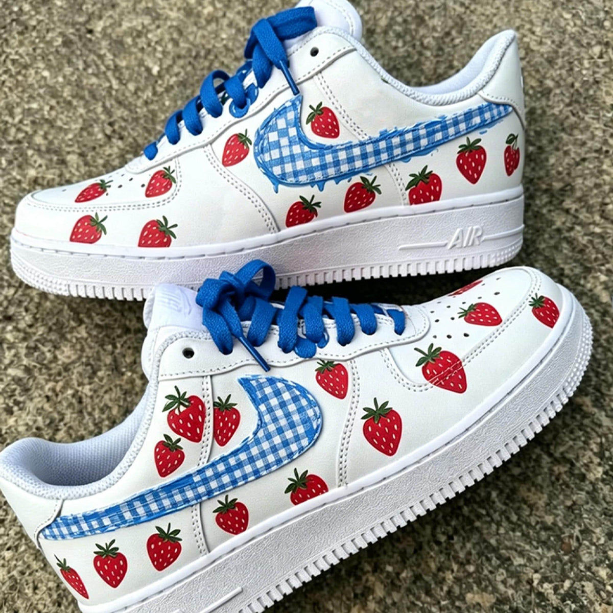 Custom Air Force 1 , Red Strawberry Blue Plaid Sneaker, Hand Painted Sweet Casual Shoe, Graduation Gift For Her