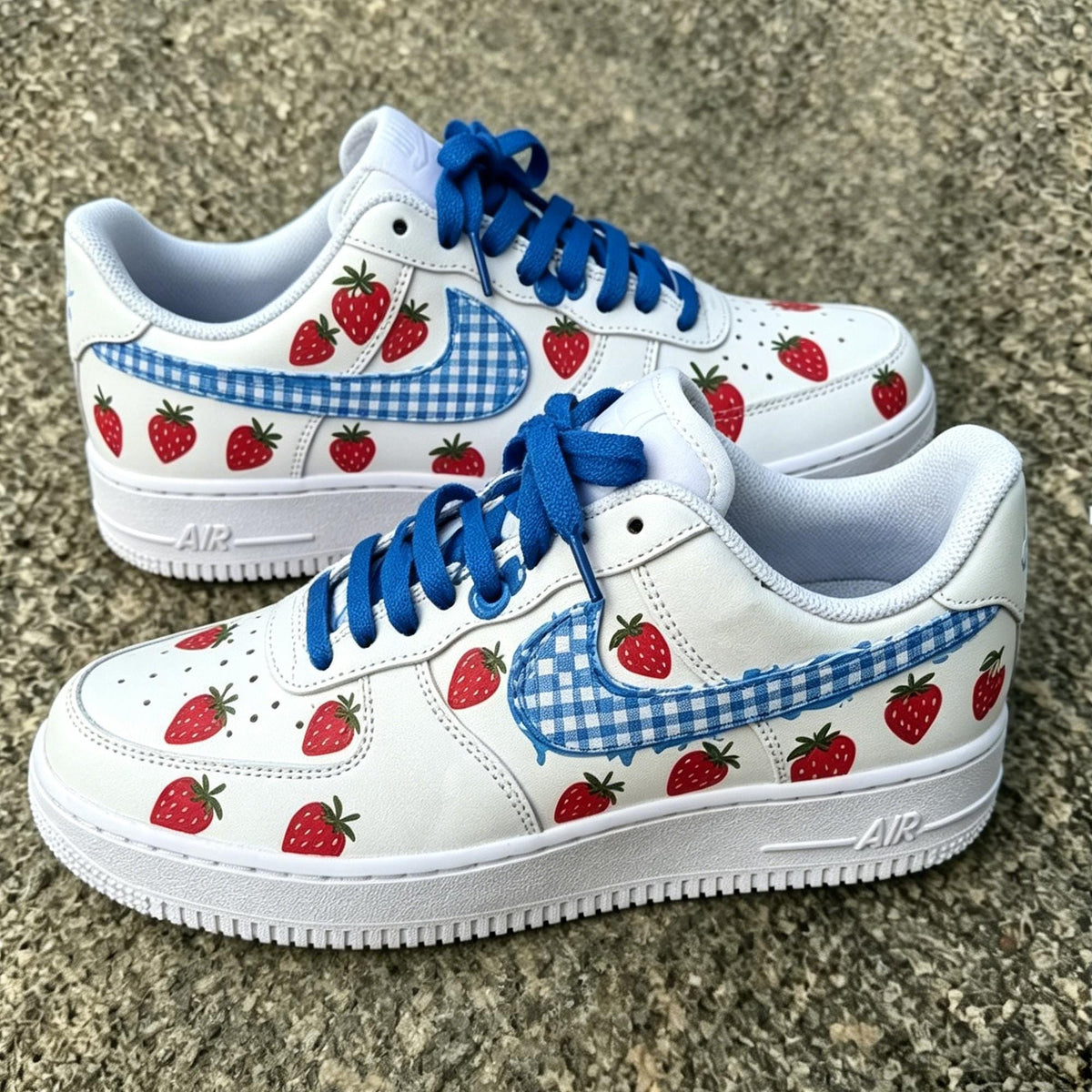 Custom Air Force 1 , Red Strawberry Blue Plaid Sneaker, Hand Painted Sweet Casual Shoe, Graduation Gift For Her