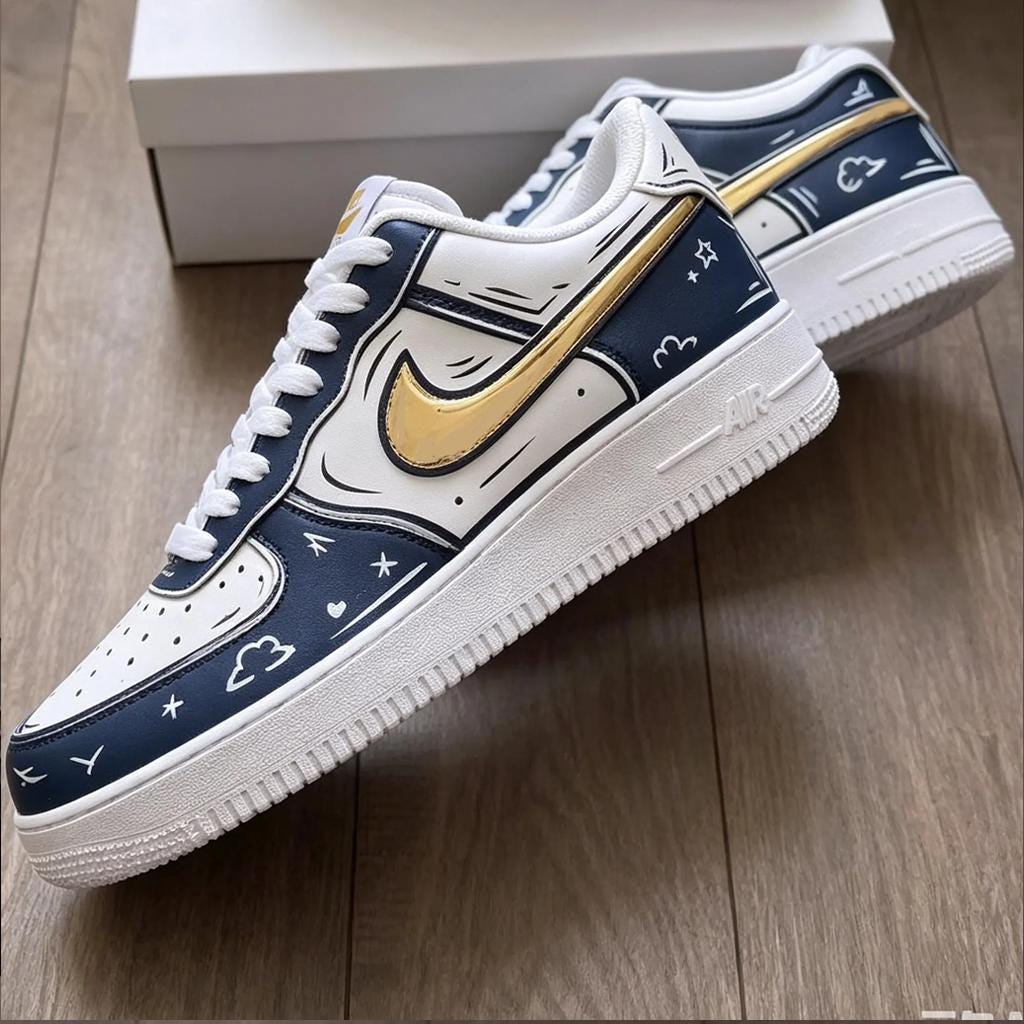 Custom Comic Art Air Force 1 Sneakers, Hand Painted Anime Gold Swoosh Shoes