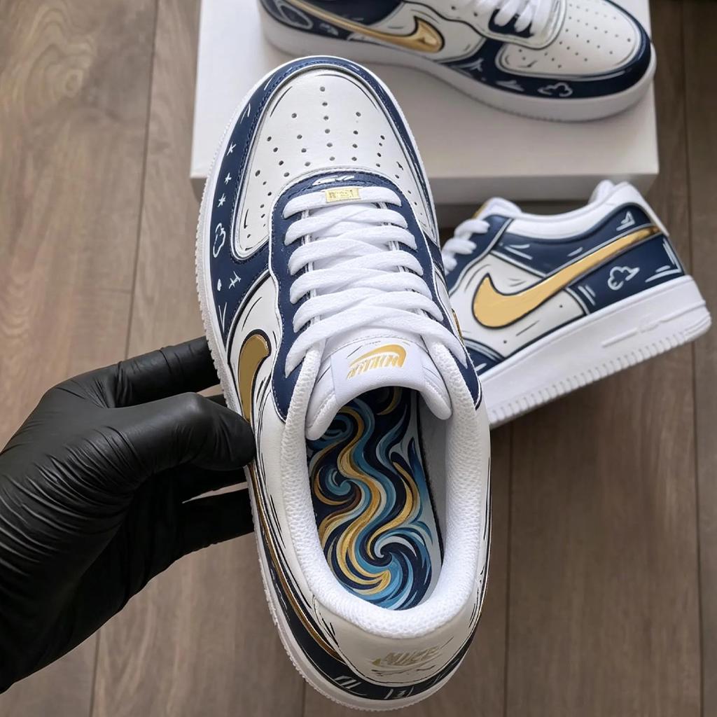 Custom Comic Art Air Force 1 Sneakers, Hand Painted Anime Gold Swoosh Shoes