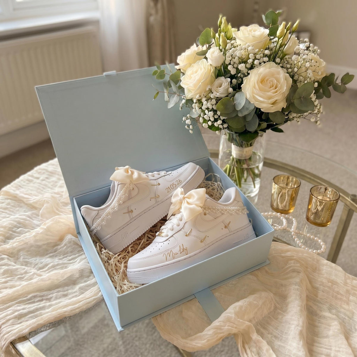 Custom Bridal Wedding | Bow & Pearl Embellishments Sneakers for Bride, Personalized Wedding Date Shoes