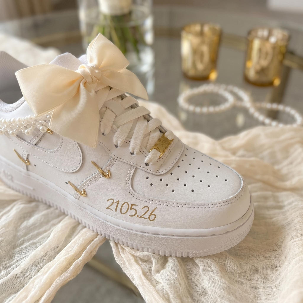 Custom Bridal Wedding | Bow & Pearl Embellishments Sneakers for Bride, Personalized Wedding Date Shoes
