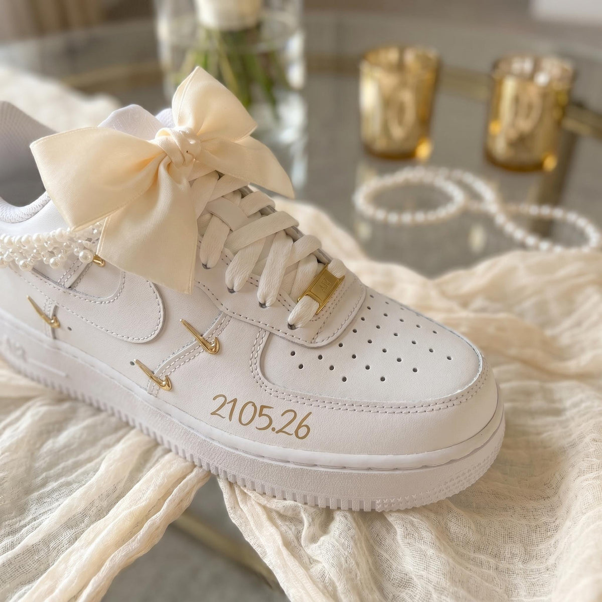 Custom Bridal Wedding | Bow & Pearl Embellishments Sneakers for Bride, Personalized Wedding Date Shoes