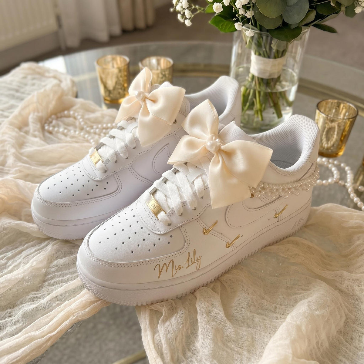 Custom Bridal Wedding | Bow & Pearl Embellishments Sneakers for Bride, Personalized Wedding Date Shoes