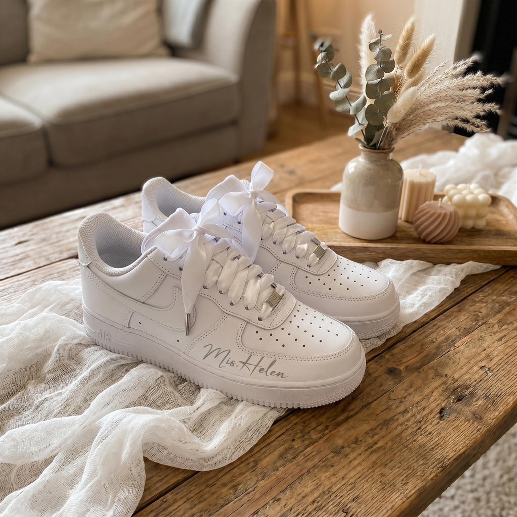 Custom Bridal Wedding | Bow & Pearl Embellishments Sneakers for Bride, Personalized Wedding Date Shoes
