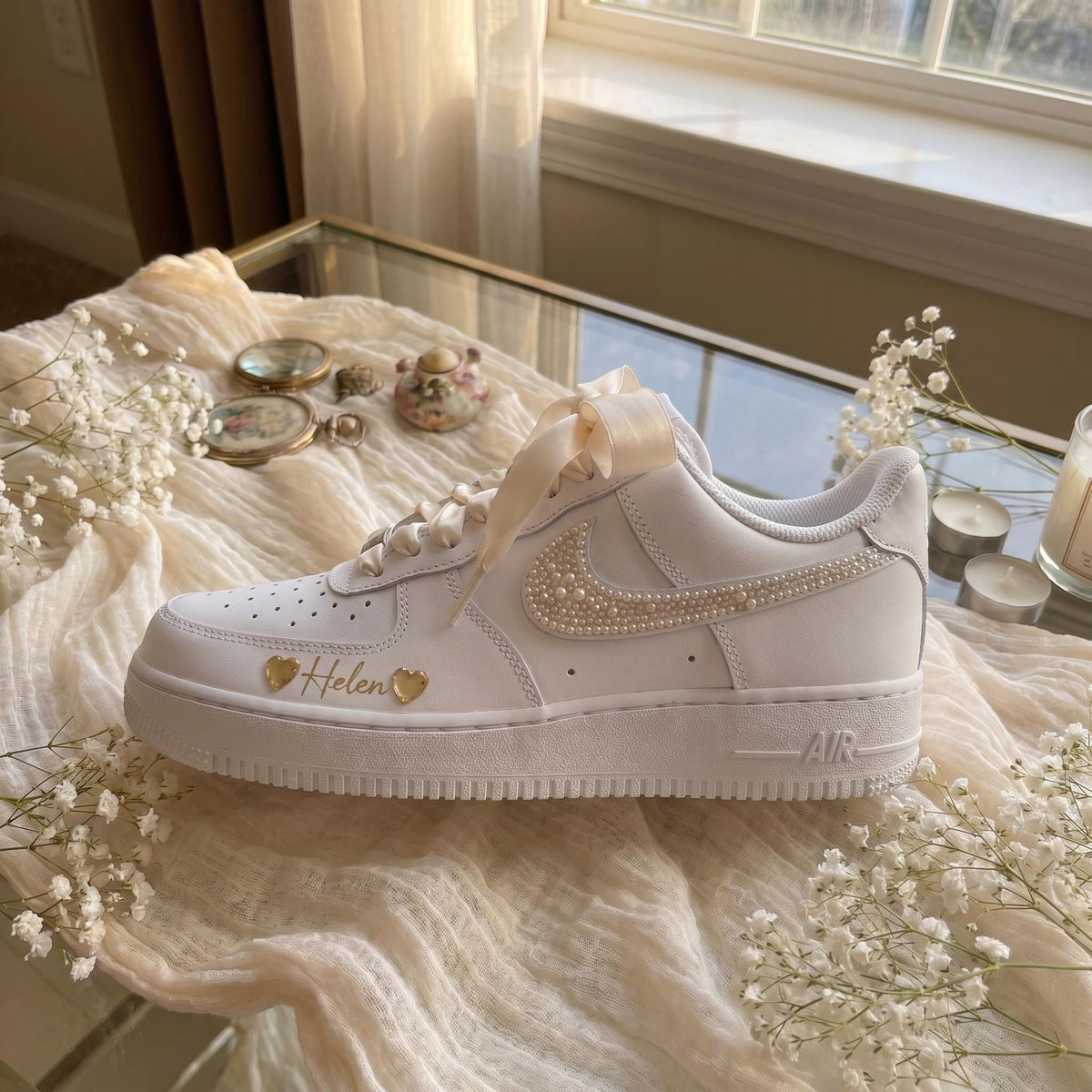 Bridal Wedding Sneakers Custom Pearl Shoes for Bride, Personalized with Name & Hearts