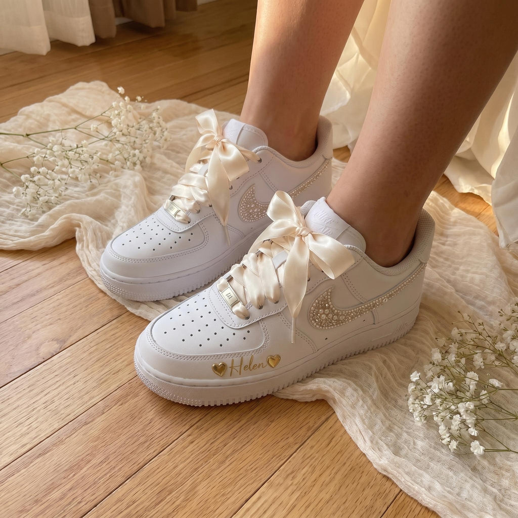 Bridal Wedding Sneakers Custom Pearl Shoes for Bride, Personalized with Name & Hearts
