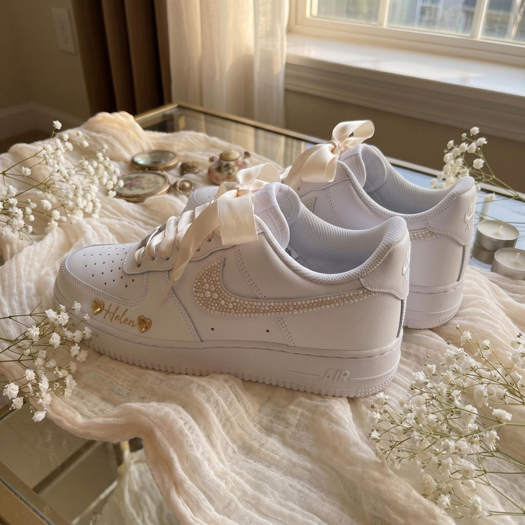 Bridal Wedding Sneakers Custom Pearl Shoes for Bride, Personalized with Name & Hearts