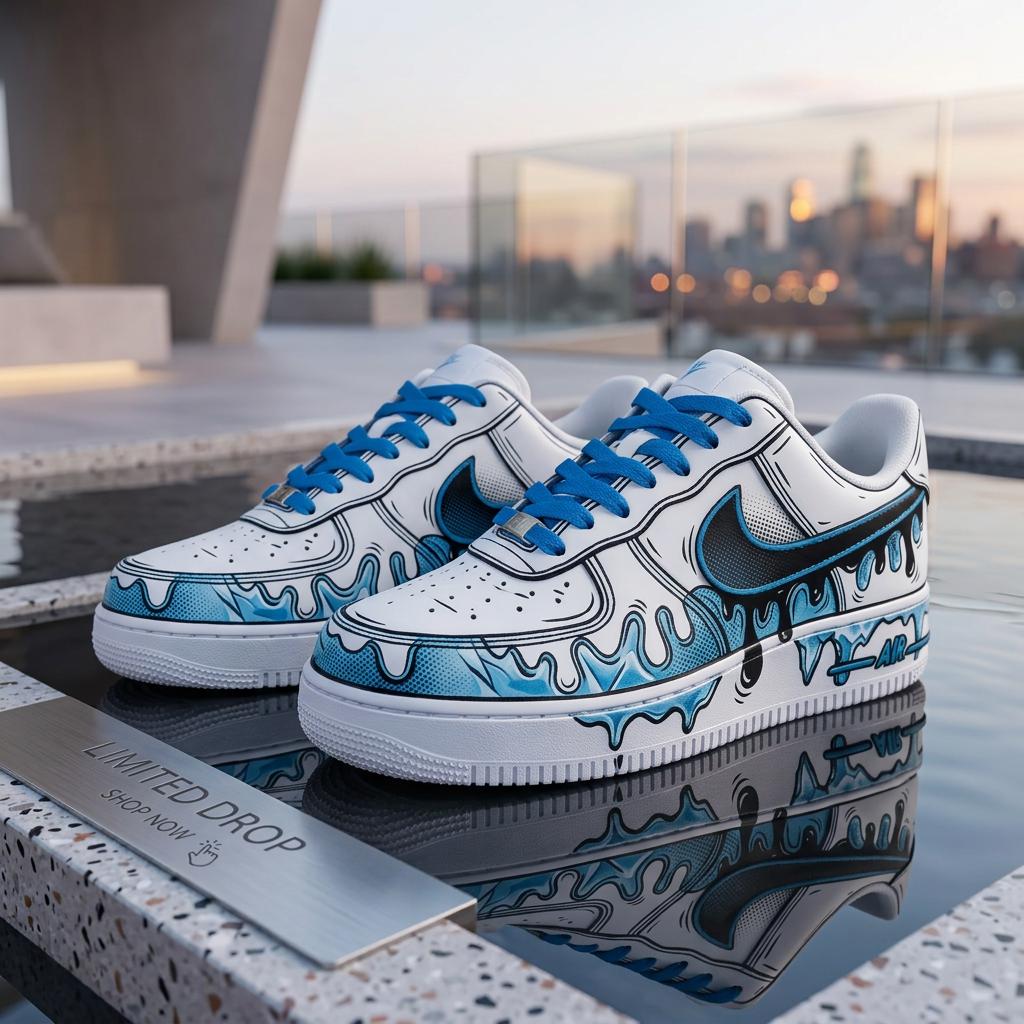 Custom Blue Drip Air Force 1, Hand Painted Cartoon Drip Sneakers, Cartoon Style Shoes,Gift For Him