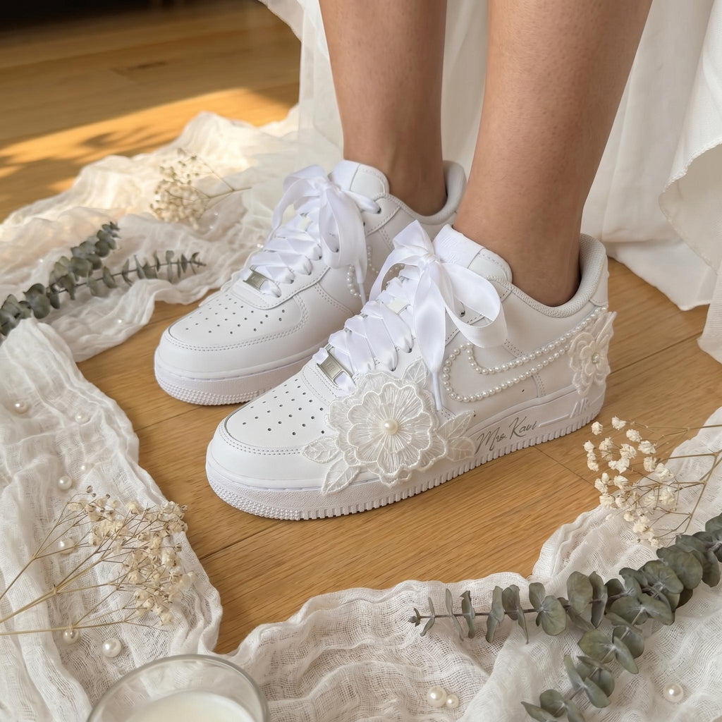 Bridal Wedding Sneakers | Lace Flower & Pearl Custom Shoes for Bride, Personalized with Name