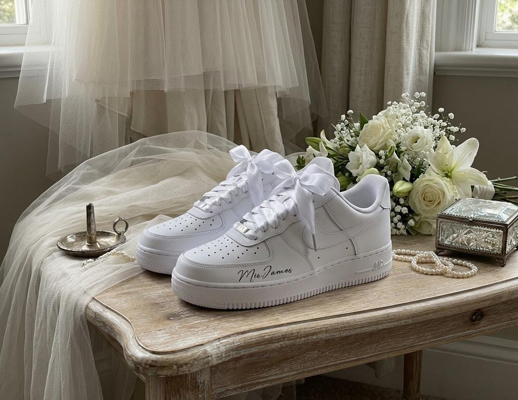 Bridal Wedding Sneakers | Handmade Lace & Pearl Custom Wedding Shoes for Bride, Personalized Name