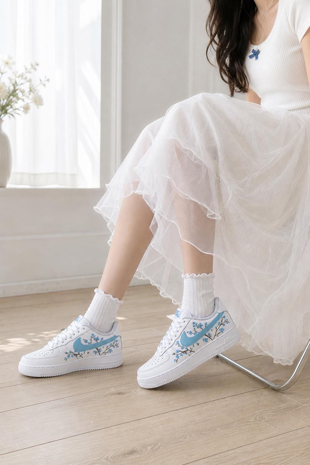 Custom Air Force 1 Blue, Blue Floral Custom Sneakers Hand Painted Wildflower Wedding Shoes, Gift for her