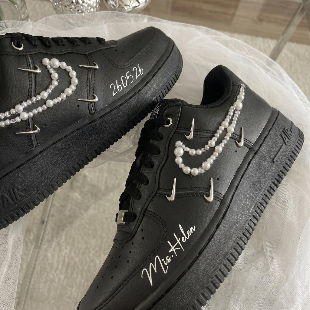 Custom Bridal Wedding Sneakers Pearl Black Shoes for Bride, Personalized Wedding Date & Name
