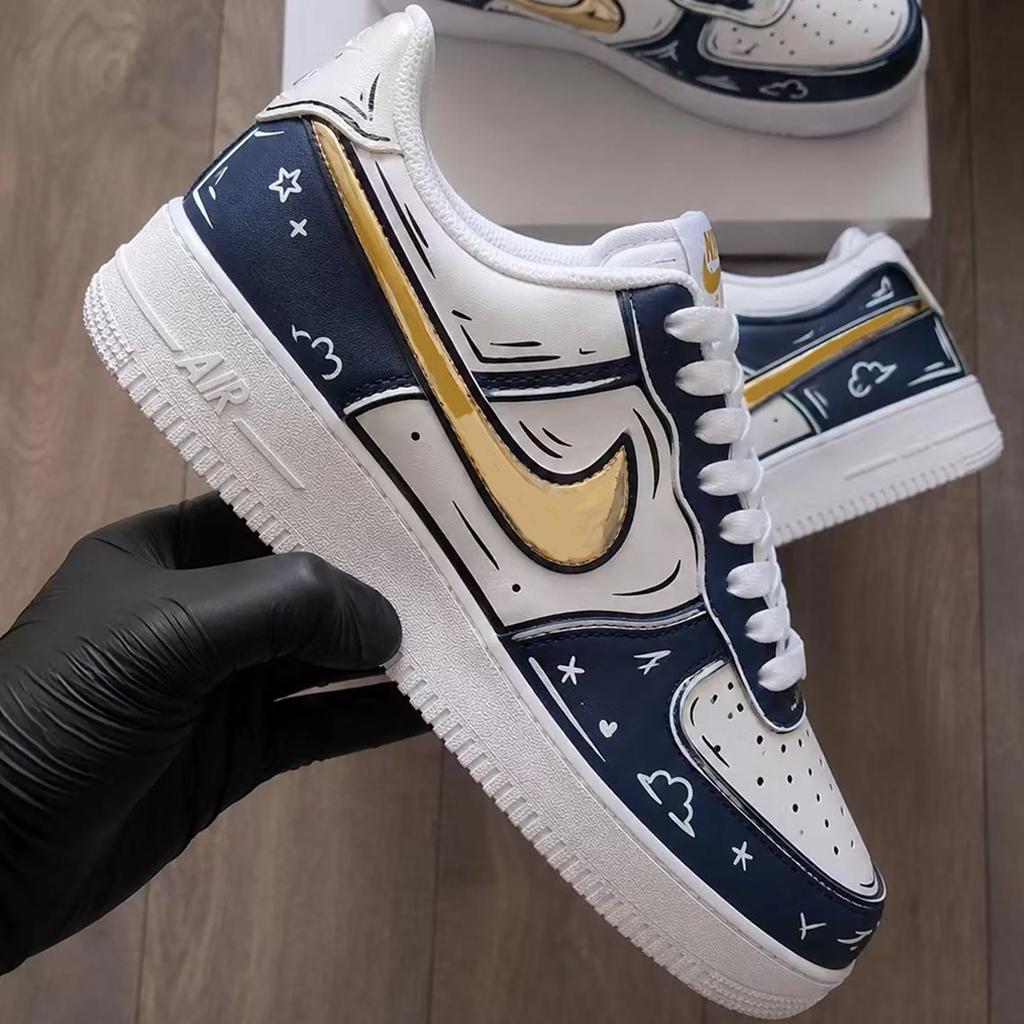 Custom Comic Art Air Force 1 Sneakers, Hand Painted Anime Gold Swoosh Shoes