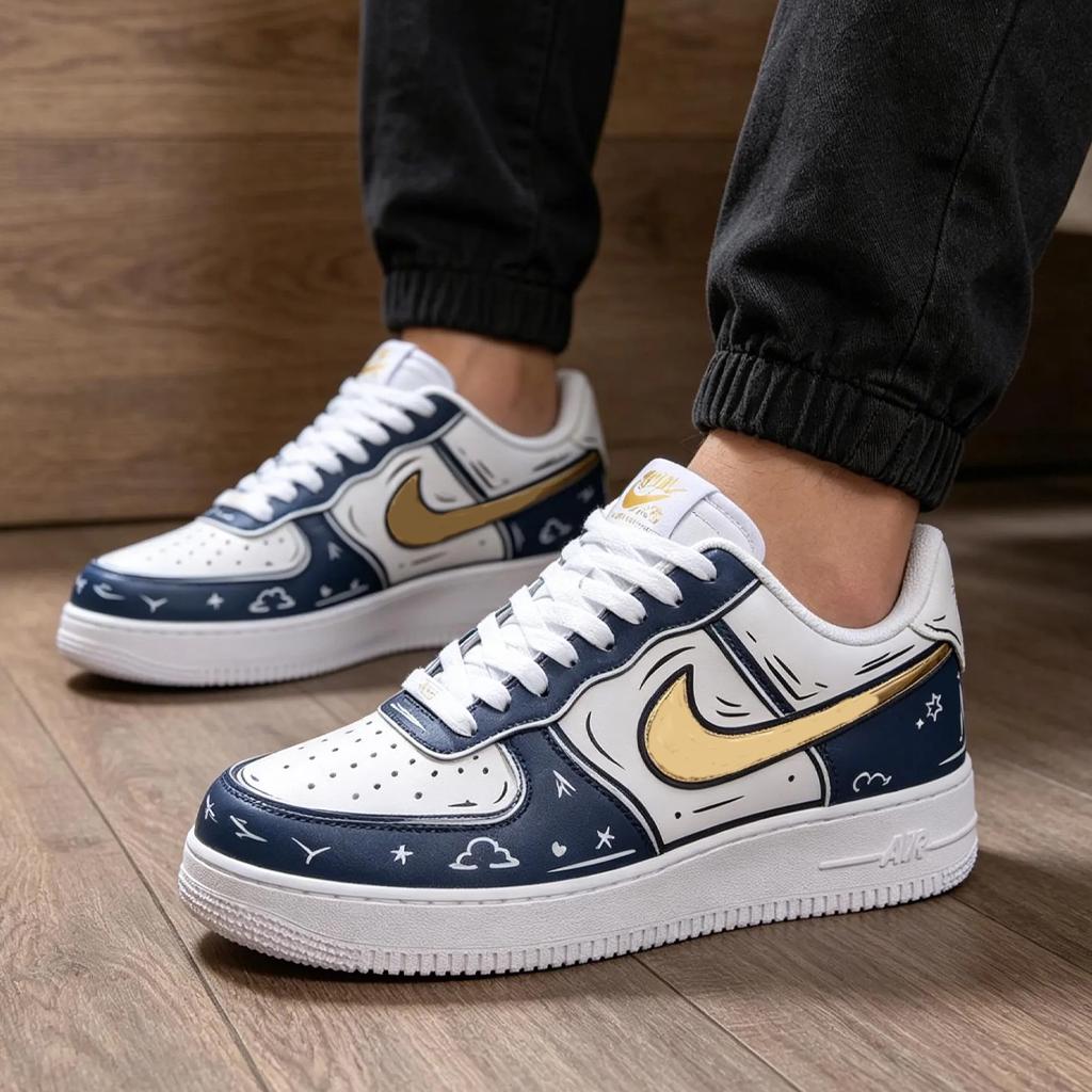 Custom Comic Art Air Force 1 Sneakers, Hand Painted Anime Gold Swoosh Shoes
