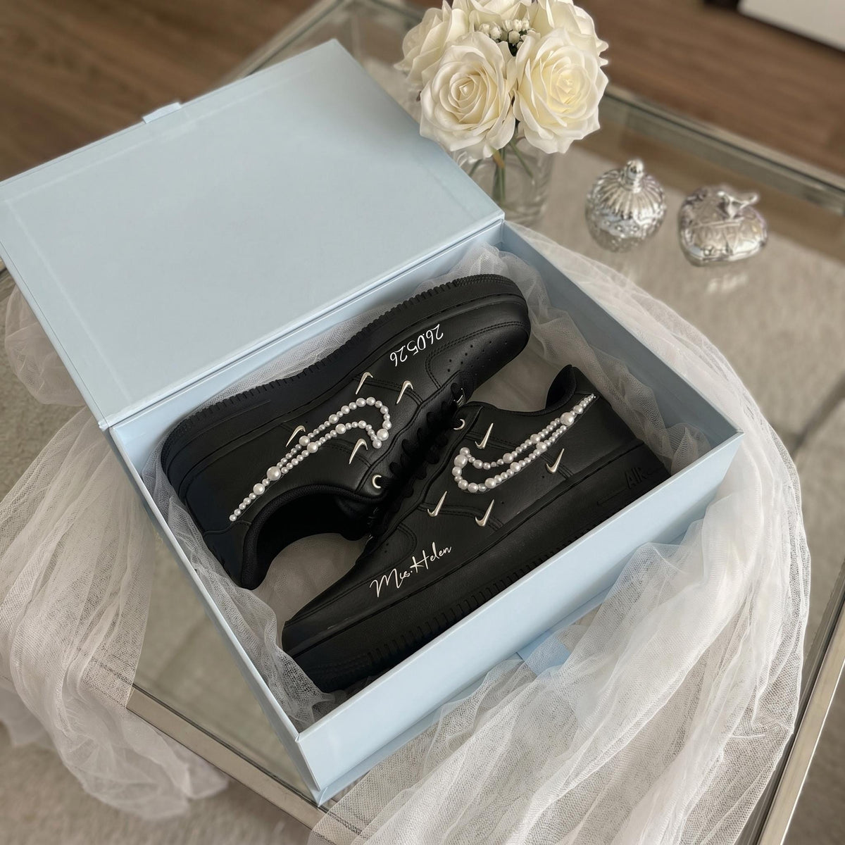 Custom Bridal Wedding Sneakers Pearl Black Shoes for Bride, Personalized Wedding Date & Name