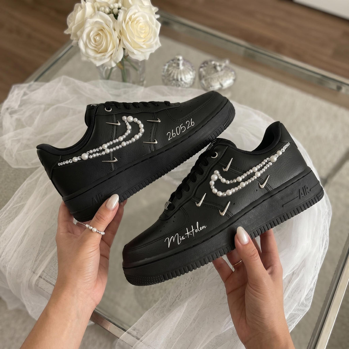 Custom Bridal Wedding Sneakers Pearl Black Shoes for Bride, Personalized Wedding Date & Name